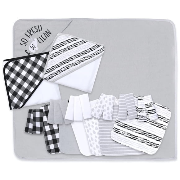 The Peanutshell Hooded Bath Towel and Wash cloth Set for Baby Boys or girls - 23 Piece Unisex Set - Black Plaid and Stripe