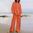 thumbnail image 1 of EGNMCR Women 2 Piece Linen Outfits Solid Color Long Sleeve Suit Drawstring Wide Leg Pants with Pockets Womens Lounge Sets, 1 of 7