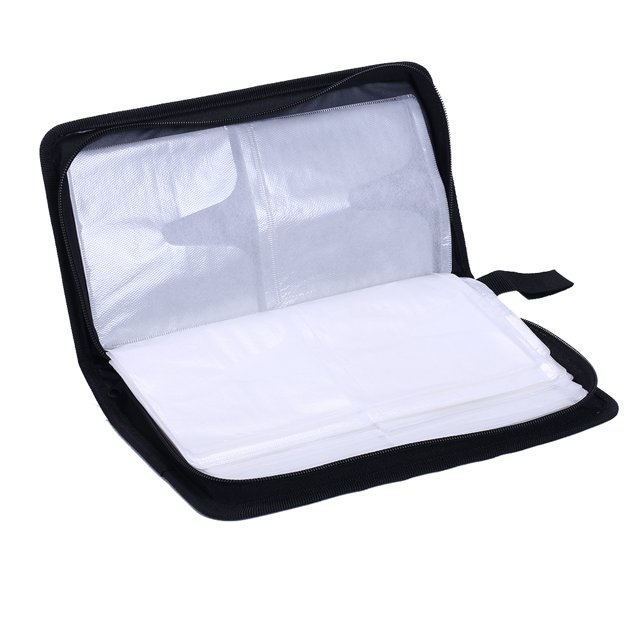 Sylvamorning 80 Sleeve CD DVD Blu Ray Disc Carry Case Holder Bag Wallet Storage Bag in navy blue. Made of imitation leather, this portable storage bag measures 29x15x4.5cm and features a zipper closure. It holds up to 80 discs, protecting them from dust, damp, scratches, and corruption. Suitable for CDs, DVDs, game discs, and PC driver discs.