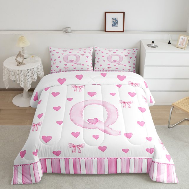 Erosebridal Ensembles de Couettes Kawaii Monogrammées Format Simple, Couettes et Duvets Lettre Initiale Q, Déco Nœud Mignon, Réversible