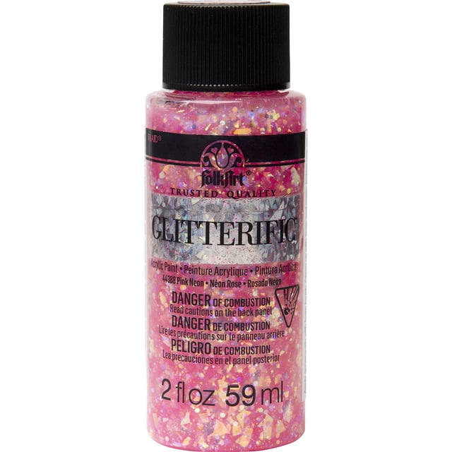 Folkart Glitterific Acrylic Paint Pink Neon 2 fl oz bottle with black ribbed cap, featuring multicolored glitter particles suspended in a clear base for glittery finishes on wood, metal, glass, canvas, and plastic, suitable for craft and DIY projects.