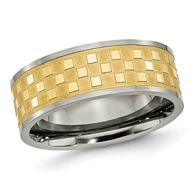Mens Titanium 8mm Yellow Plated Checkered Wedding Band Ring