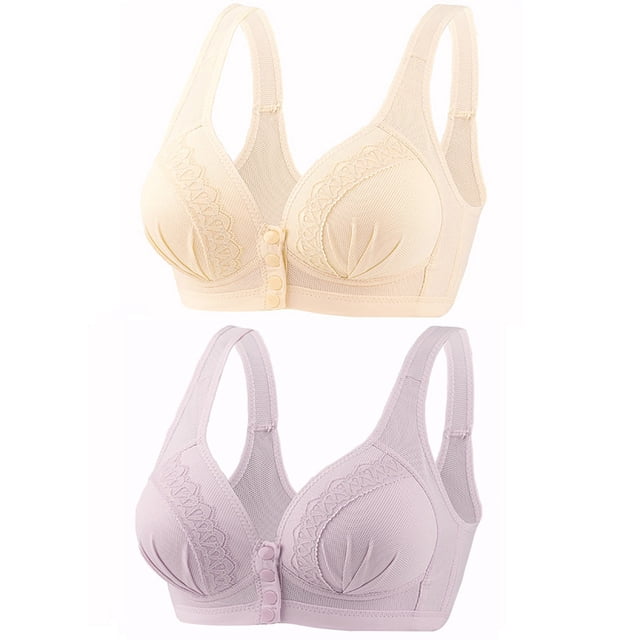Timegard 2pc Wireless Bras for Women Front Closure Button Bralette Ruched Comfort Everyday Bras with Support