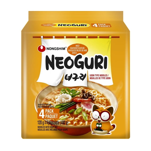 Nongshim Neoguri Mild Seafood Noodle Soup 4-pack featuring udon type noodles in a yellow package with a bowl of steaming mild seafood broth and thick chewy noodles garnished with mushrooms, green onions, and seafood, plus a cartoon raccoon mascot on the bottom right.
