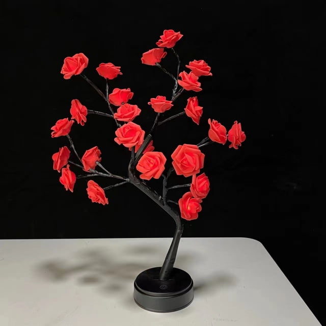 Boovnll Desk Lamp, Rose Flower Table Tree Light 24 Leds Desk Top Bonsai Lighted Tree Battery Operated Usb Plug Powered Tree Table Lamp Rose Flower Desk Tree Lamp for Home Party We, Table Lamp