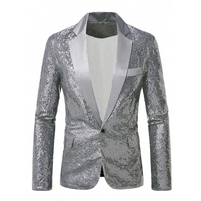 Silver Man Work Office Formal Prom Party Evening Gowns Modest Jacket Blazer Outfits for Mens Colorful Sequin Sparkly Dance Costumes Cosplay Fall Winter 2025 L