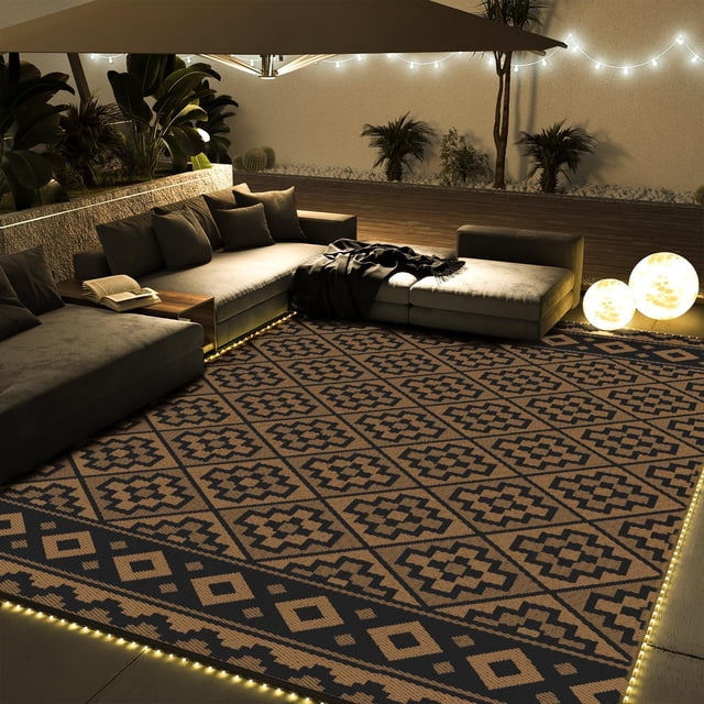 Outdoor Rug x RV Camping Mat Outdoor CarpetPatio Camper Backyard Rug with Led Strip Light Reversible Geometric Picnic Deck Proch Balcony Foldable Rugs &