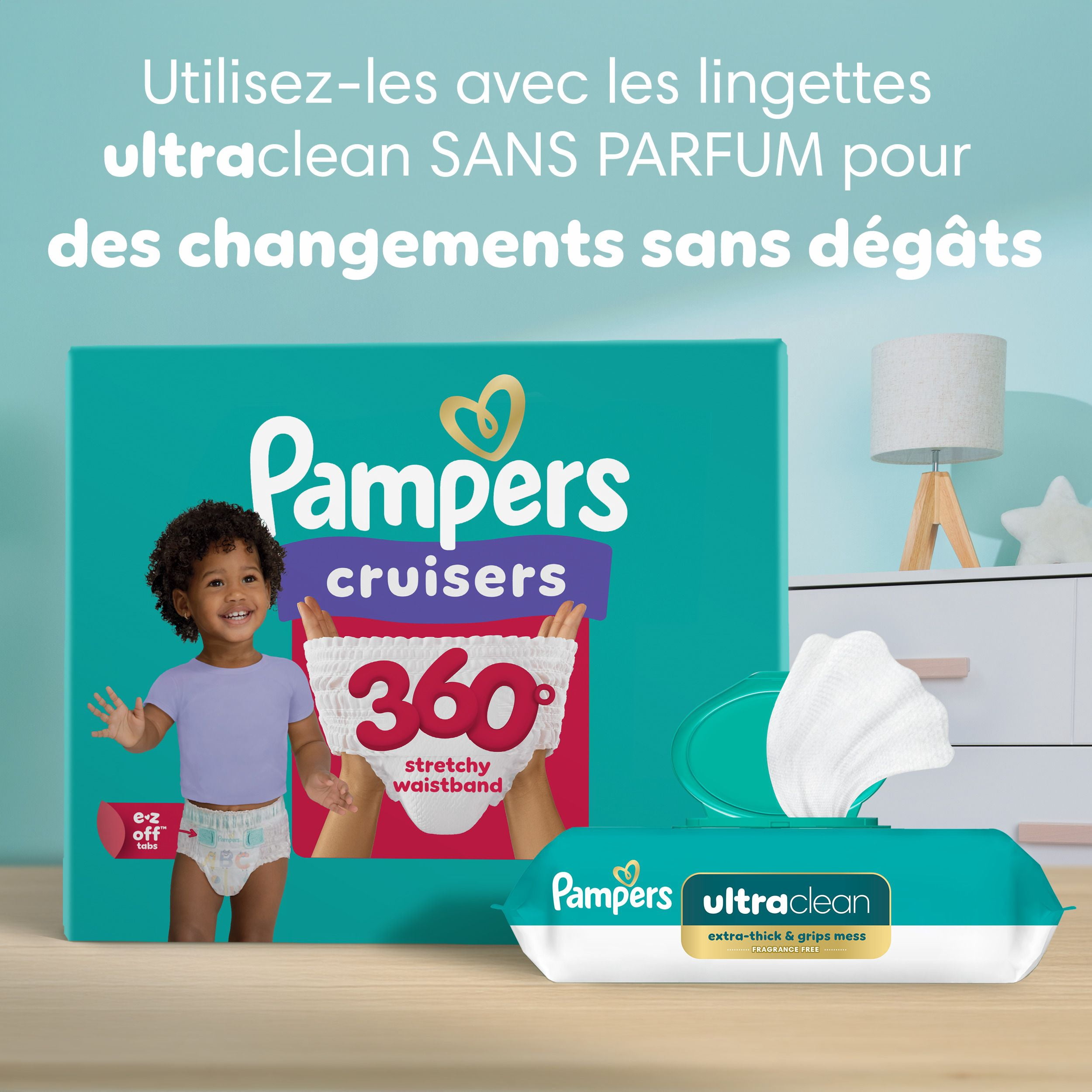 Couches Pampers Cruisers 360°, ajustement jusqu’à 100 % sans fuites, conçues pour les bébés actifs, couche à enfiler, rabats rapides conçus pour faciliter les changements, taille 4, 21 unités