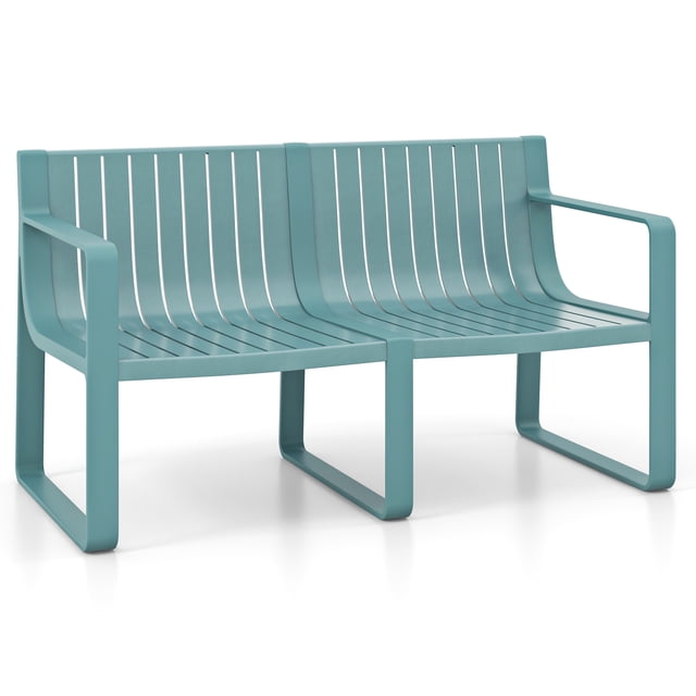 Gymax Patio Loveseat 2-Person Bench in blue with a curved backrest and slatted design. Crafted from weather-resistant PP material, it features wide armrests, non-slip foot pads, and a sturdy construction for outdoor use. Perfect for patios, backyards, gardens, or poolside seating.
