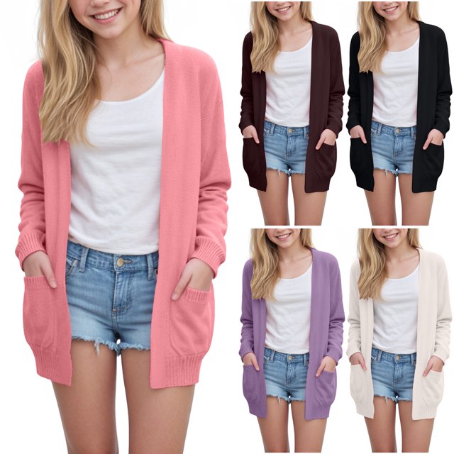 Girls Loose Pocket Knitted Cardigan Sweater Solid Color Casual Jacket