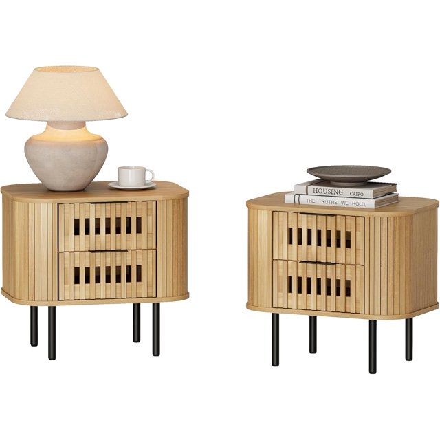 WAMPAT Fluted End Tables Set of 2 - Modern Curved Sofa Side Tables with 4 Slatted Drawers, Farmhouse Wooden Nightstands for Living Room & Bedroom, Natural Oak, 22.5" Wide