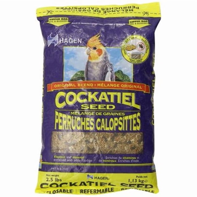 Hagen Cockatiel Staple VME Graines pour Oiseaux 2,27 kg (5 Lb) dans un Sac Refermable Violet et Jaune avec une illustration de Cockatiel et un Texte Bilingue Anglais-Français, Contenant un Mélange de Graines Sans Poussière, Enrichi en Vitamines et en Minéraux, Conçu pour les Oiseaux d'Intérieur, avec Emballage à Barrière à air pour Maintenir la Fraîcheur.