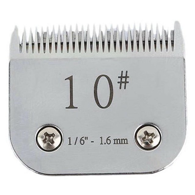 SK5 Dog Hair Clipper Blade 10 Replacement Hair Clipper Blade in silver, made of durable SK5 stainless steel. Designed for electric clippers, this sharp and precise blade measures 5.6x5.6x2.1 cm and is suitable for grooming dogs, cats, and other pets. The blade features a 10# marking and a cutting length of 1/6 inch (1.6 mm).