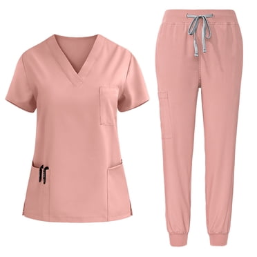 Styesk Scrubs for Women Solid Color Stretchy Scrubs Sets Drawstrings High Waisted Scrub Pants V Neck Short Sleeve Scrub Tops Comfy Scrub Joggers with Pockets 2 Piece Nurse Uniforms Set