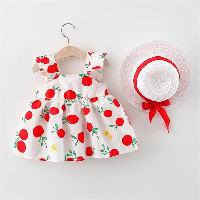 Robes pour Filles Tout-Petits Florales Sans Manches Robe d'Été Évasée avec Nœud au Dos et Chapeaux pour Bébés Filles