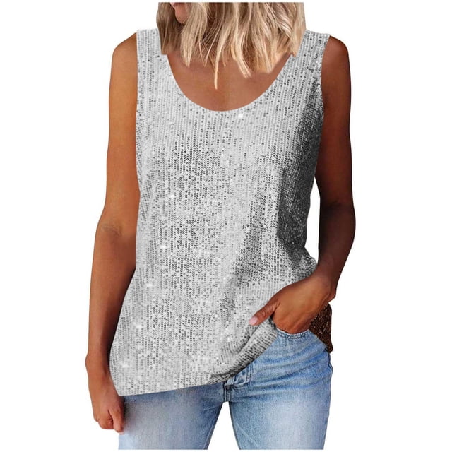 Plebaso Débardeurs à Paillettes Sans Manches pour Femmes, Mode Fête Clubwear