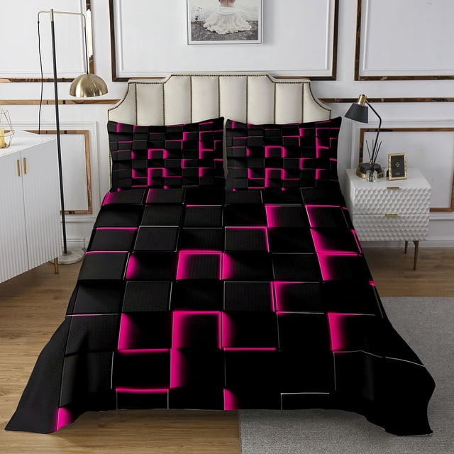 Erosebridal Gradient Checkered Bedspread Sets Twin Size,Buffalo Stereoscopic Bed Quilt,Geometry Decor,Breathable,2pcs