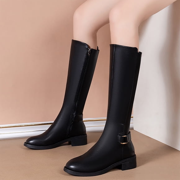 YOUSNH Women's Autumn/winter Leather Leather Fashion Mid Calf Boots Casual Comfortable Temperament Boots Womens Boots Black 8.5