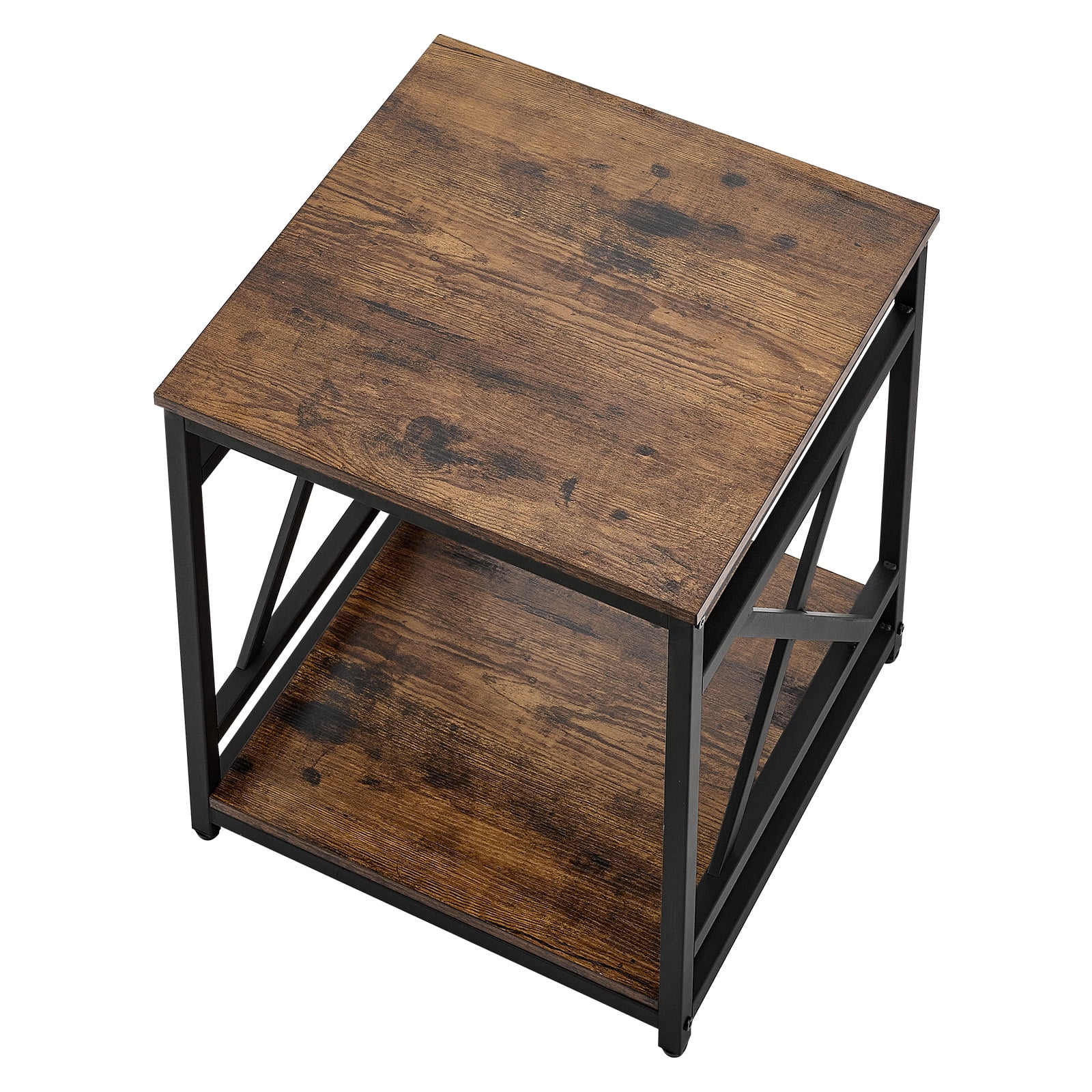 KFFKFF End Table, 2-Tier Square Side Table with Open Storage Shelves, Modern Nightstand Bedside Desk with X-Design Metal Frame