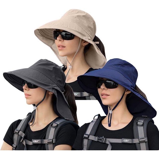 Lot de 3 Chapeaux de Soleil Queue de Cheval pour Femmes avec Rabat de Nuque, Grand Bord, Protection UV, Chapeau Bob, Été, Plage, Pêche, Randonnée, Jardin, UPF 50+
