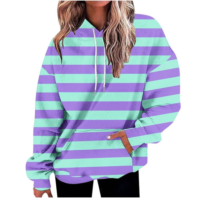 FAIWAD Womens Striped Drawstring Hoodies Casual Long Sleeve Color Block Pullover Tops Drop Shoulder Loose Sweatshirts