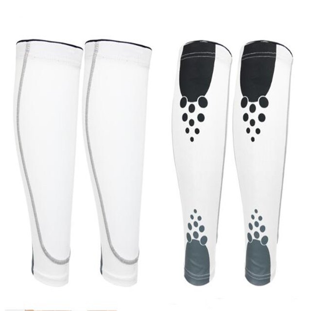 Unisex Sports Leg Protection Breathable Pressure Sleeve Running Football Basketball Warm Knee Socks in white, size L. Made of 85% polyester and 15% spandex, these compression sleeves feature high strength, flexibility, and ventilation. Designed with an ergonomic shape for muscle support and shock reduction, suitable for cycling, running, and other sports. Includes two sleeves with black and grey accents.