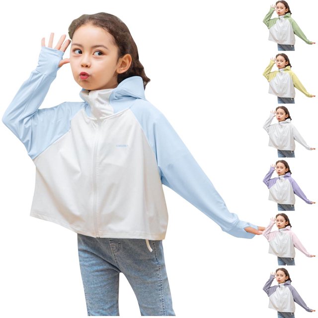 MKOSPLRT Veste de Protection Active à Fermeture Éclair pour Enfants Sun 3-14 Ans Garçons Filles à Blocs de Couleur avec Trou pour le Pouce Chandail Rafraîchissant Pêche Course Plein Air