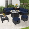 thumbnail image 3 of Patiojoy 9 Pieces Outdoor PE Rattan Wicker Sectional Sofa with 35-Inch Gas Fire Pit Table Space-Saving Patio Conversation Set with Storage Box Navy, 3 of 10