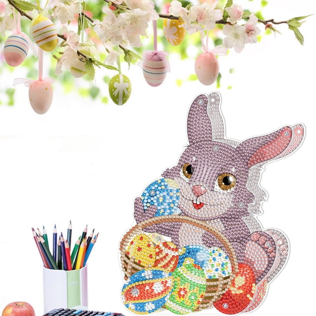 EGNMCR Easter DIY 5D Diamond Art Painting Kits, Easter Rabbit Eggs Tabletop Decoration With LED String Light, Cute Diamond Paintings Ornament For Easter Day, Gift