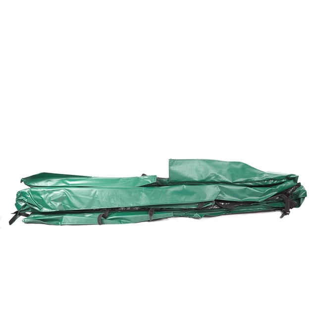 SKYWALKER TRAMPOLINES 8 x 14 FT Rectangle, Green, Outdoor Trampoline Spring Pad Replacement folded flat, made of thick UV-resistant PVC with black securing straps, designed as a 2-piece safety spring cover for rectangle frame trampolines, suitable for protecting trampoline springs and enhancing outdoor play safety.