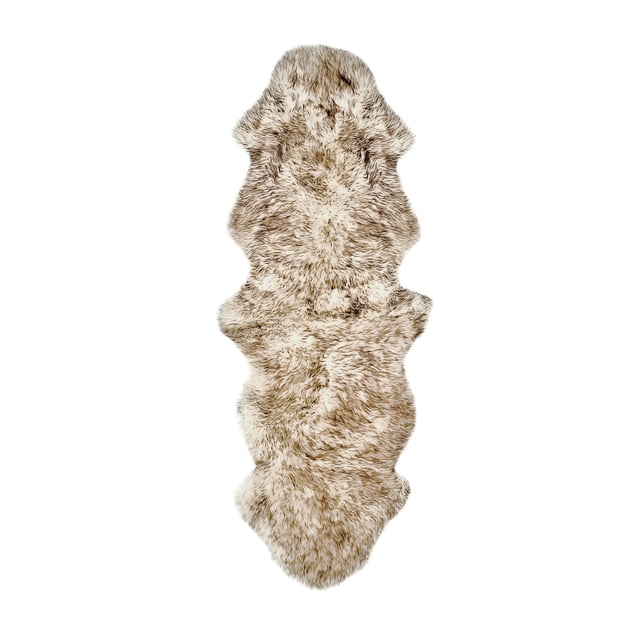 NEW ZEALAND SHEEPSKIN DOUBLE RUG/RUNNER 2' X 6' shown from above, featuring a natural-shaped double sheepskin rug with dense cream and light brown wool pile. It has a soft microsuede anti-skid backing and a plush 2.5-inch pile, suitable for indoor use in entryways, bedrooms, or offices. Often used as a cozy seat cover or draped over benches for added comfort and style.