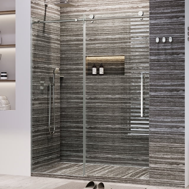 Garvee 56-60 Inch x 75 Inch Semi-Frameless Sliding Shower Door, 8mm SGCC Tempered Glass with Stainless Steel Handle for Walk-In Showers, Silver Color
