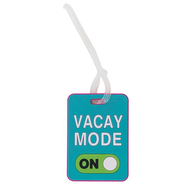 Jetstream® Identification Luggage Tag, travel ID tag in turquoise with pink trim, featuring white 'VACAY MODE' text and a green 'ON' toggle graphic, attached with a clear flexible strap for secure luggage identification and privacy protection.