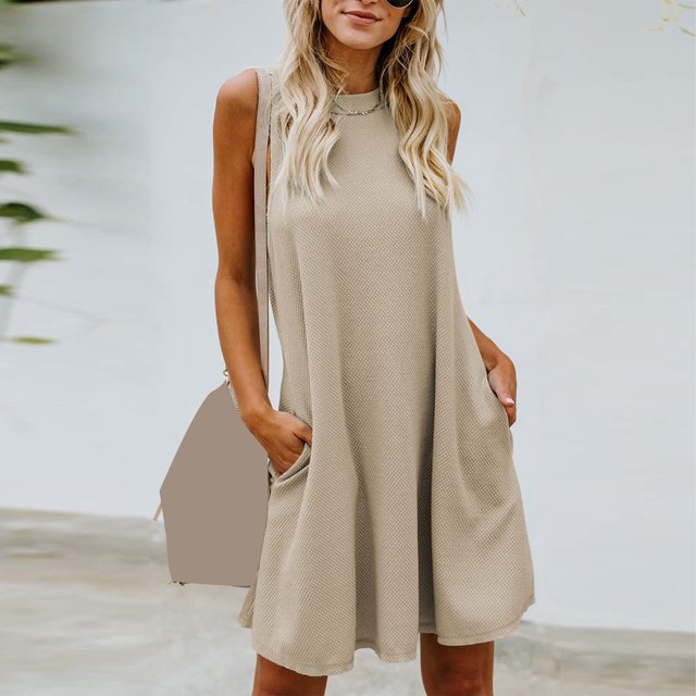 Robes d'Été Grande Taille pour Femmes 2024 Printemps et Col Suspendu Jupe Grand Dos Col Rond Sans Manches Robe Économisez jusqu'à 65 %!
