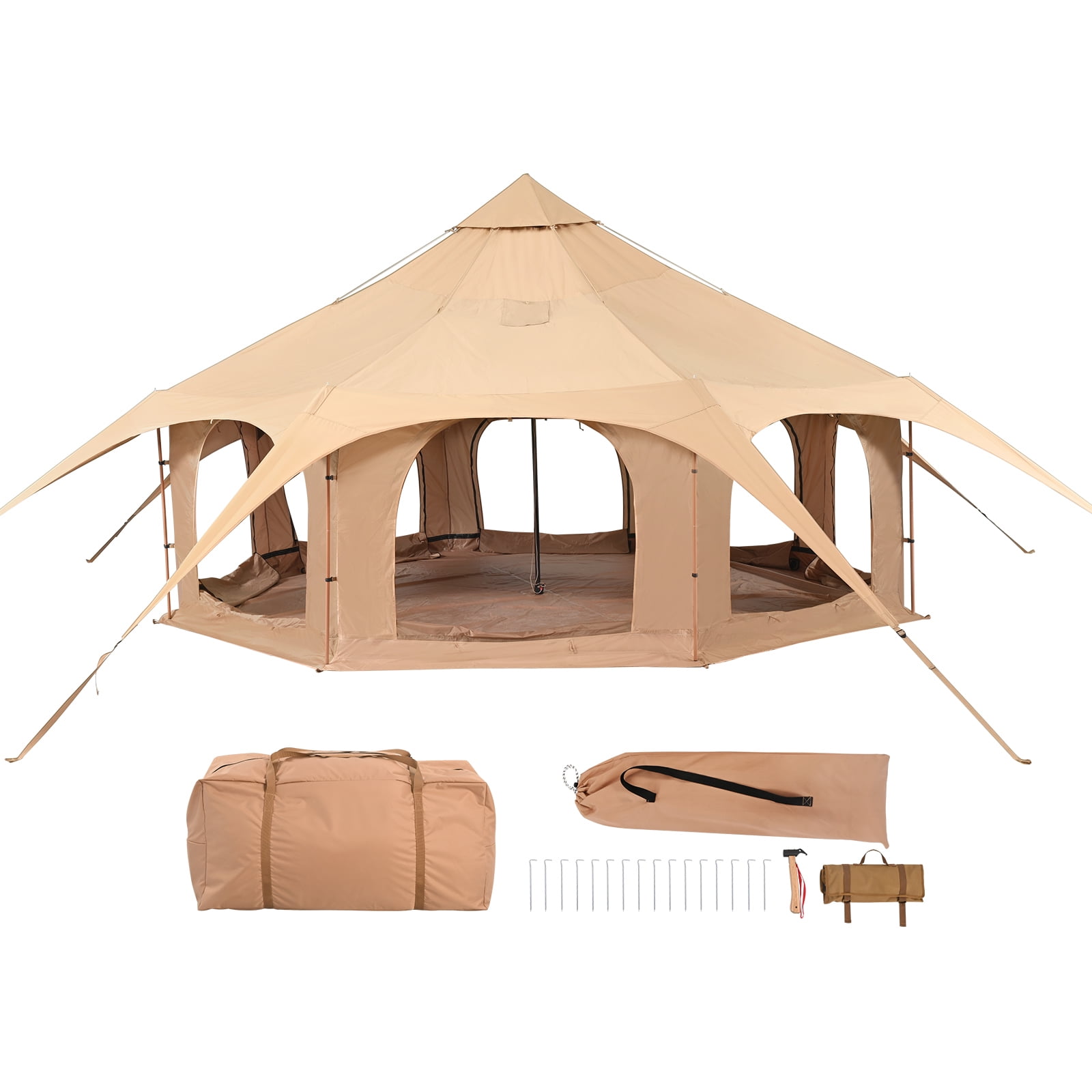 Kffkff Fabric Shelter, Year-Round 16.4 Ft Dome Tent, Outdoor Camping Fabric Lodge With Chimney Hole, Ventilated Yurt Shelter For Maximum 8 Campers, Su