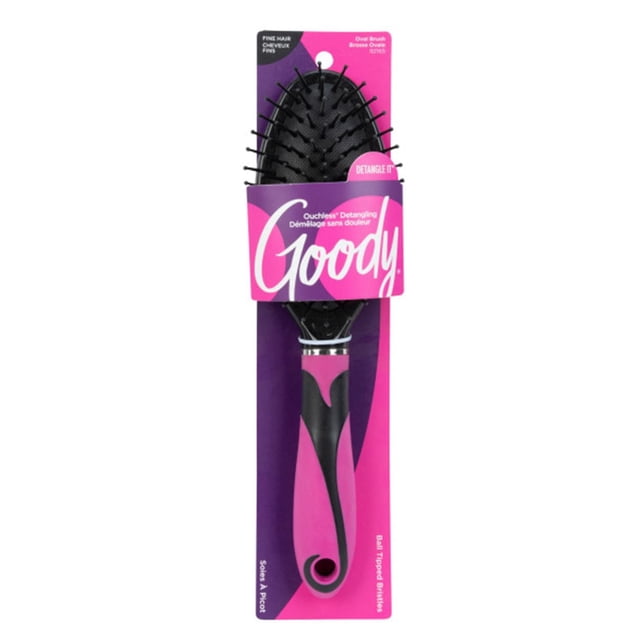Goody Classic Brosse Coussin Ovale - Correction de Style avec Poils Flexibles à Embout Boule Noirs pour un Démêlage Doux et un Manche Ergonomique Rose et Noir, Affichée sur Emballage Violet et Rose pour Soins des Cheveux Fins.