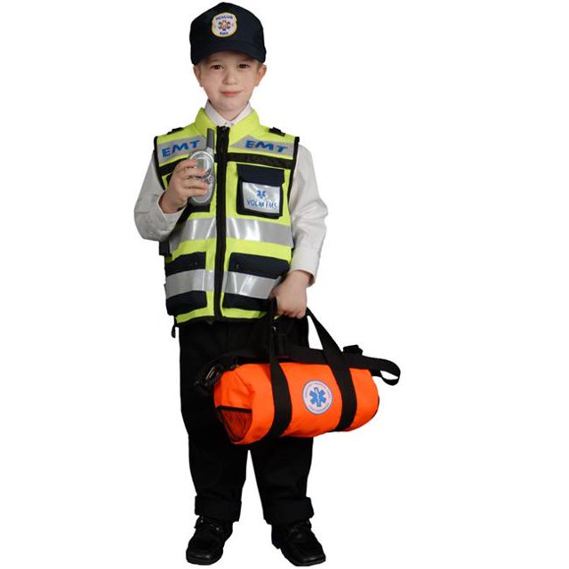 Dress Up America costume EMT pour Enfant en Taille Tout-Petit T2, Comprenant un Gilet Jaune avec Bandes Réfléchissantes, Plusieurs Poches et des badges EMT de Secours. l'Ensemble Comprend une Casquette Assortie et un Sac EMT orange avec un Emblème Médical. Fabriqué à 100 % polyester, le costume Est Résistant aux Plis, à l'Étirement et à la Moisissure. Convient aux Enfants de 12 Mois à 3 Ans.