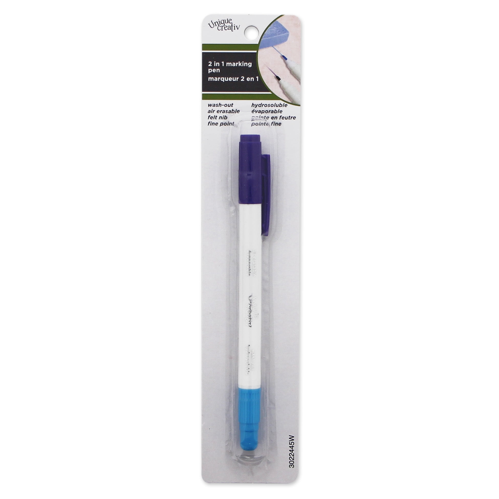 UNIQUE SEWING crayon marqueur 2-en-1 à double pointe fine, lavable bleu et effaçable à l’air mauve