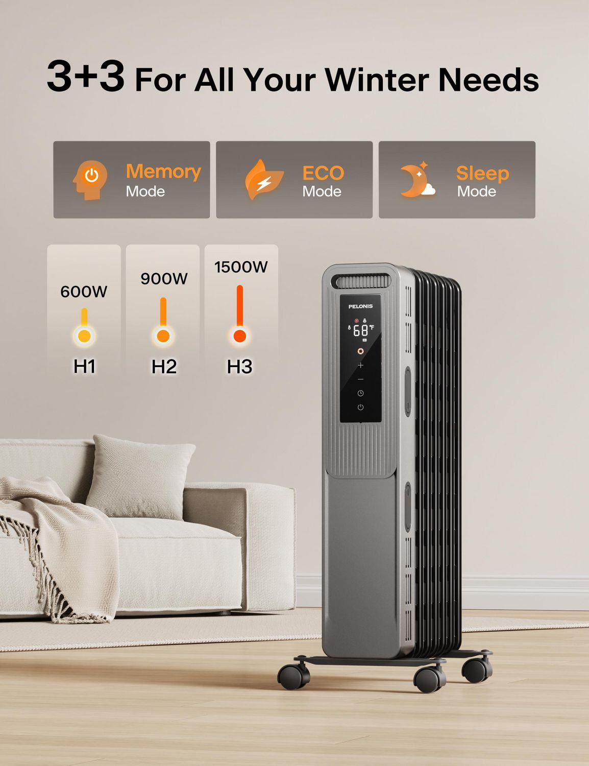 Radiateur à huile électrique Pelonis 1500 W à 3 réglages