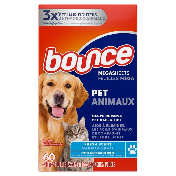 Feuilles assouplissantes méga Bounce Anti-poils d’animaux et anti-peluche avec 3 fois les anti-poils d’animaux, parfum Frais, 60 feuilles