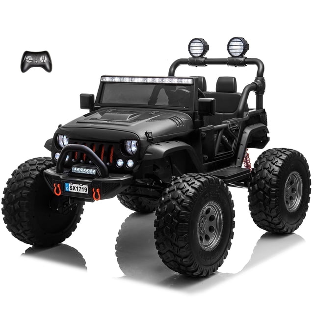 VOLTZ TOYS Lifted Monster Jeep 24V 2 Seater Classic Ride on Car with Remote Control, designed for outdoor play with a rugged Jeep Wrangler look, lifted suspension, premium leather seats, durable EVA tires, and openable doors. Features LED headlights, taillights, and a built-in music player. Powered by a 24V rechargeable battery with 4 motors for off-road terrain. Parental remote control ensures safety.
