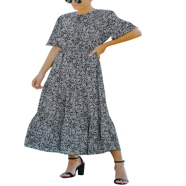 Robe Décontractée à Volants Manches Courtes Imprimé Floral Taille Haute Col en Chiffon Robe Longue de Plage Fête Vert s