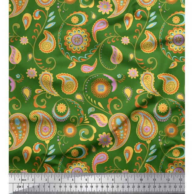 Soimoi Green Cotton Duck Fabric Mandala & Paisley Decor Fabric Printed Yard 58 Inch Wide
