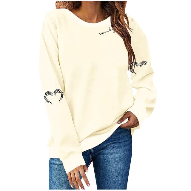 LMKIHUSA Chandail Graphique d'Halloween pour Femmes Saison Effrayante Squelette Cœur Chandail à Enfiler Hauts Manches Longues Col Rond Blouses Douces Décontracté Tendance 2025 Chandail Beige,TTG