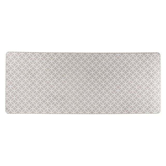 24" x 60" Anti Fatigue Cushioned Multi Purpose Mat in grey with a geometric circle pattern, ideal for high-traffic areas like kitchens, standing desks, laundry rooms, offices, and workshops. This durable mat features a premium cushioned feel, anti-slip backing, non-curling corners, and heat-sealed edges for safety and comfort. Made with commercial-grade materials, it reduces fatigue and relieves foot, back, and joint pain. Water-resistant surface for easy cleaning.