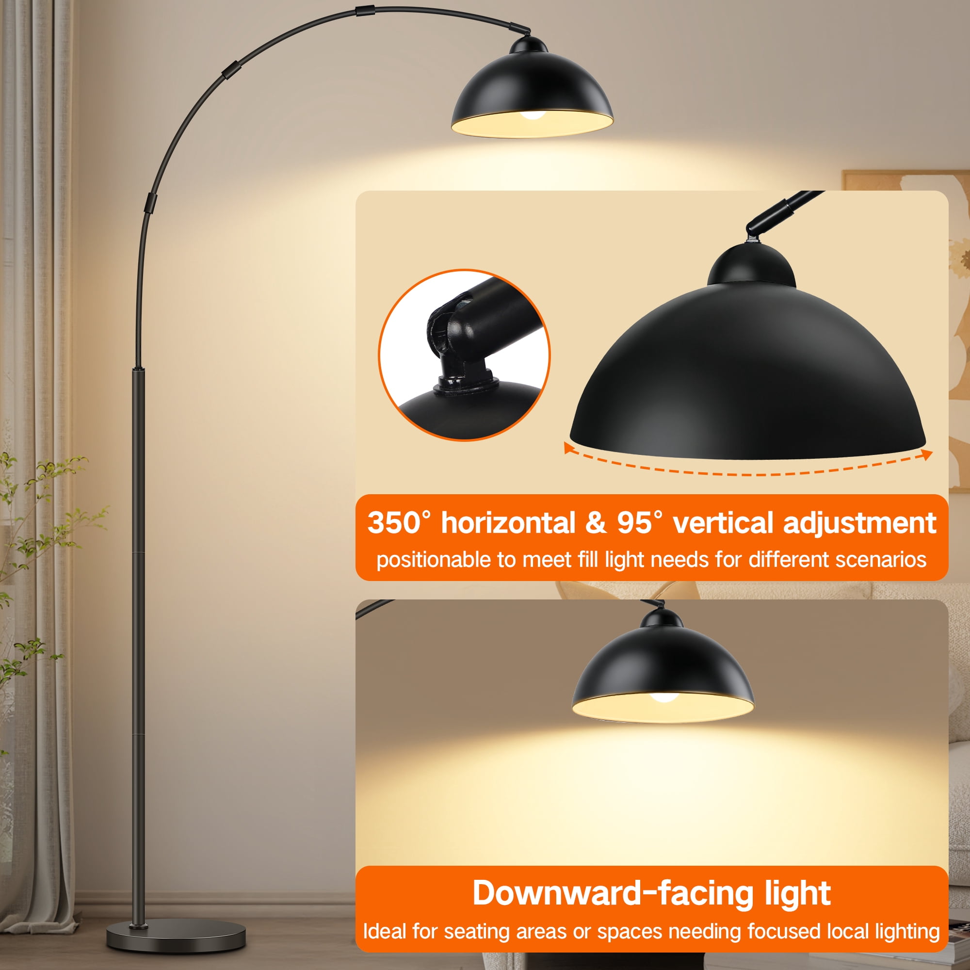 OUTON 81" Arc Floor Lamp – 12W 1080LM LED Dimmable Tall Standing Lamp With 16" Lampshade, Remote & Foot Switch, 4 Color Temps, 350° Rotatable Head, Black, For Living Room, Bedroom, Office