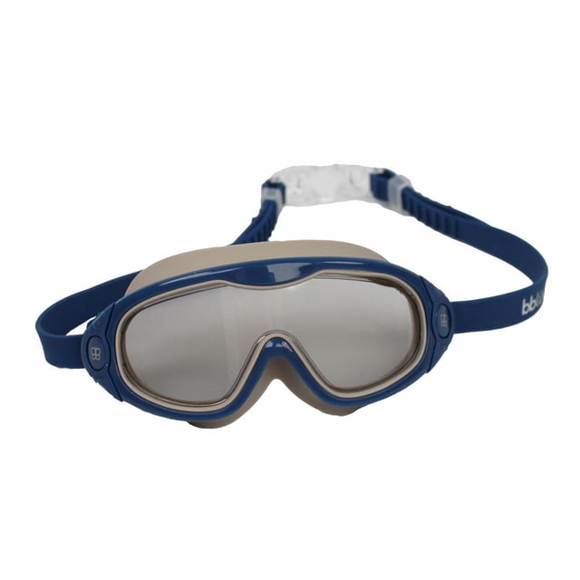 bblüv- Sküba-swimming mask with blue adjustable silicone strap and beige soft silicone seal, wide tinted lenses offering 180-degree clear vision with anti-fog and UV protection, featuring an anti-slip design for secure fit in adult swimming gear, also suitable for snorkeling.