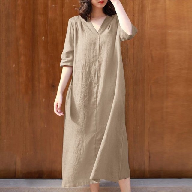 Jusqu'à 65 % de Réduction! Robes d'Été Mode pour Femmes 2024 Grande Taille Robe Décontractée Col en V Manches 3/4 Couleur Unie Robes en Coton Amples