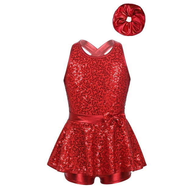 Riismen Robe Justaucorps Sans Manches à Paillettes Brillantes pour Filles Enfants Costume de Danse Latin Jazz Salsa Samba Rumba Rouge 16