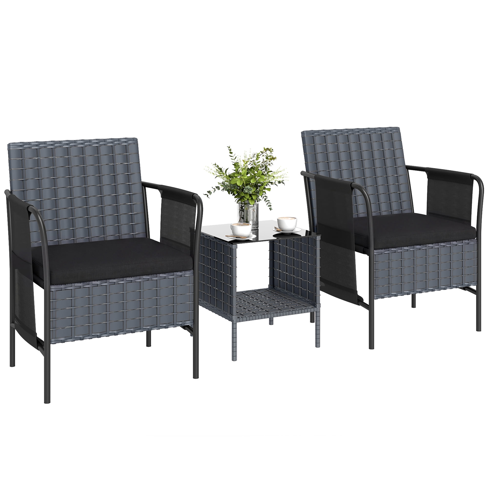 Outsunny 3 Piece Wicker Patio Furniture Bistro Set with Side Pocket, Black